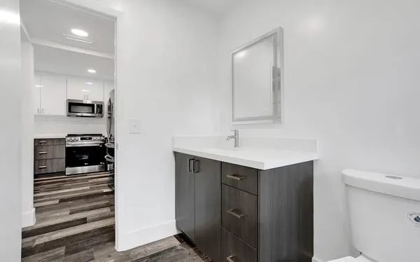 a bathroom with a sink a toilet and mirror