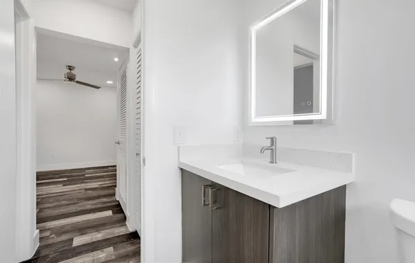a bathroom with a sink and a mirror
