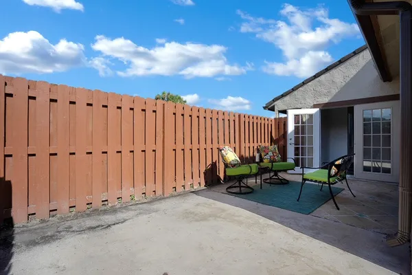 an outdoor view with patio