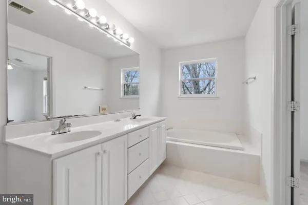 a bathroom with a double vanity sink mirror and bathtub