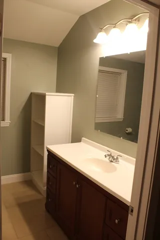 a bathroom with a sink a mirror and a shower