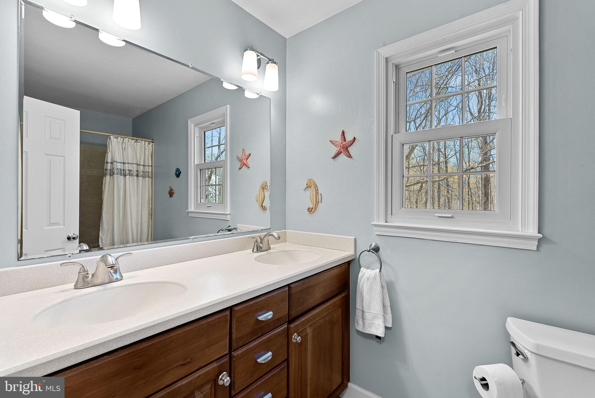 2804 Bree Hill Road Oakton, VA 22124 - Photo 36 of 46 a bathroom with a granite countertop sink a large mirror a toilet and a window