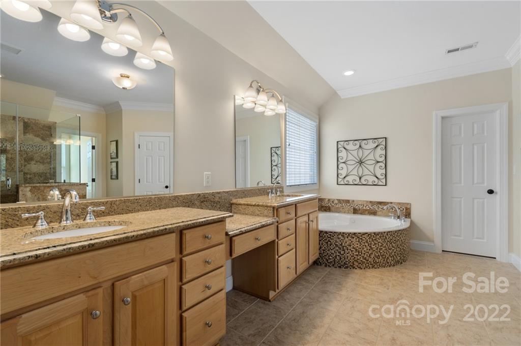 389 Third Baxter Street Fort Mill, SC 29708 - Photo 30 of 48 a spacious bathroom with a granite countertop sink a toilet a mirror and bathtub