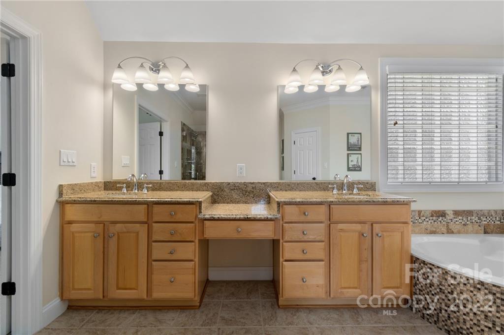389 Third Baxter Street Fort Mill, SC 29708 - Photo 32 of 48 a bathroom with a granite countertop sink a large mirror and a bathtub
