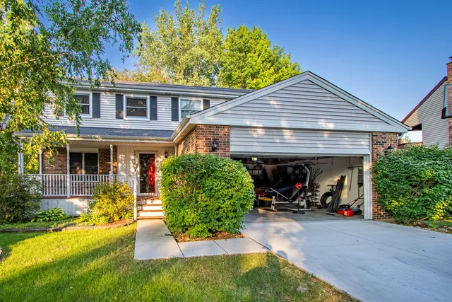 front view of a house with a patio