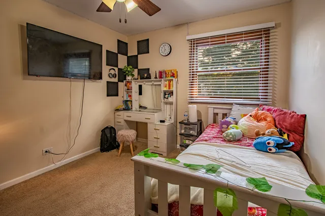 a living room with furniture a rug a wall clock and a potted plant