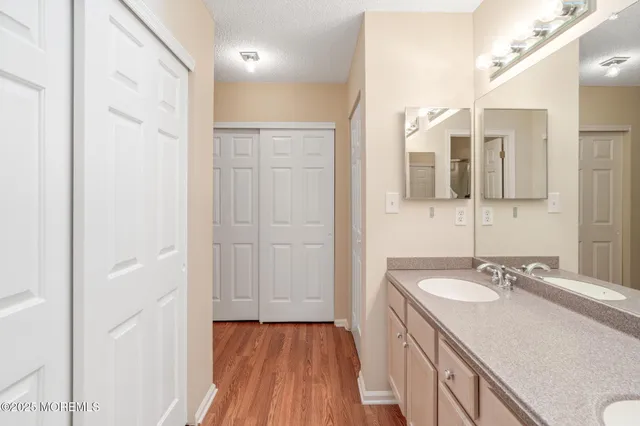a bathroom with a sink a mirror and a shower