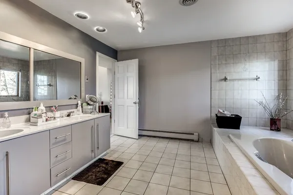 a bathroom with a double vanity sink a mirror and a bathtub