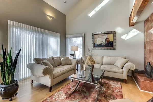 a living room with furniture and a potted plant