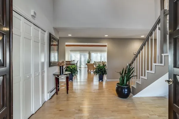 a hallway with wooden floor and a potted plant