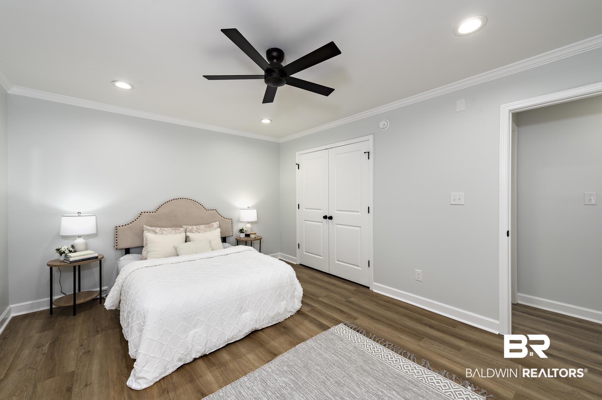 6001 Camp Halls Mill Road Mobile, AL 36619 - Photo 39 of 52 Bedroom with ornamental molding, ceiling fan, recessed lighting, a closet, and dark wood finished floors