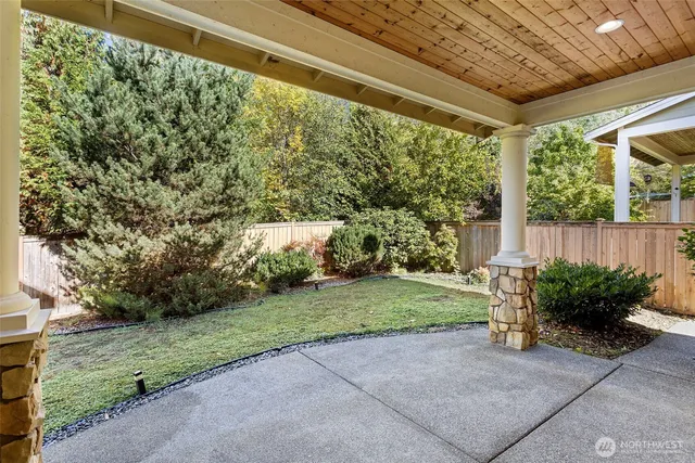 a garden view with a seating space