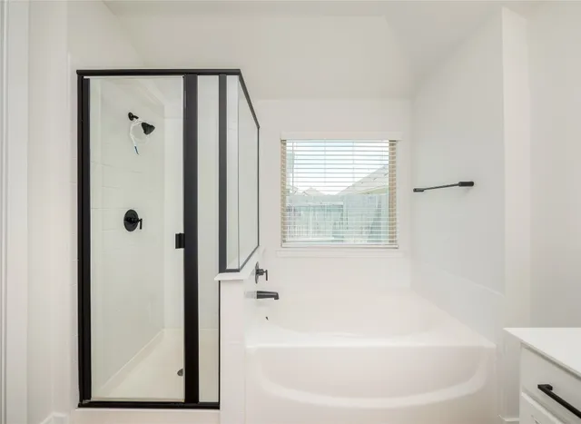 a bathroom with a bathtub and a shower