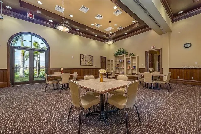 a view of a dining room with furniture