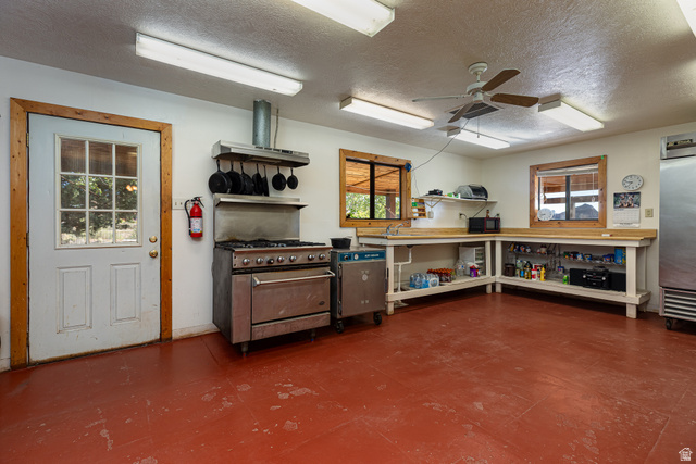 2040 North Long Cyn Road Kanab, UT 84741 - Photo 11 of 23 Kitchen with a textured ceiling, ceiling fan, high end appliances, and ventilation hood