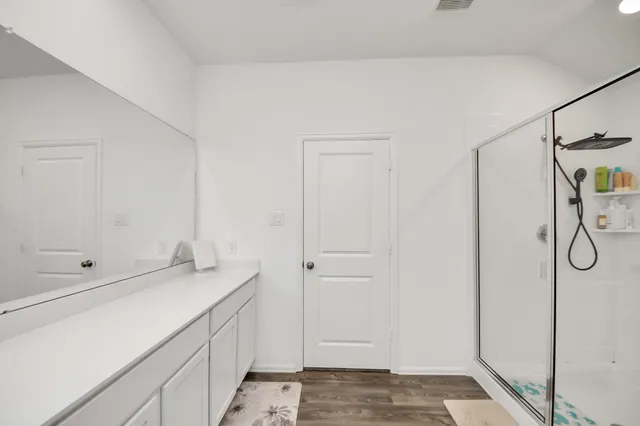 a bathroom with a shower and a sink