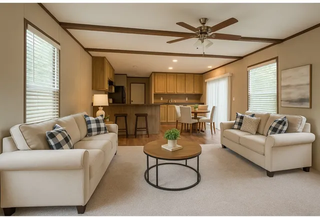 a living room with furniture and kitchen view