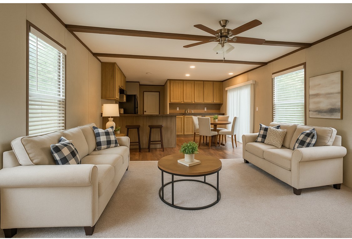 a living room with furniture and kitchen view