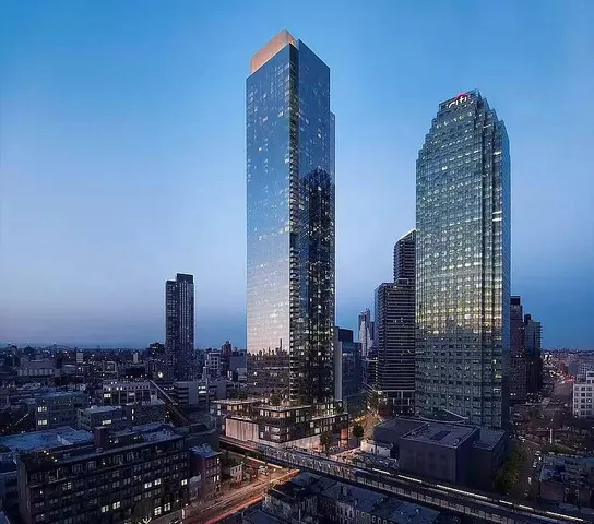 a city view with tall buildings