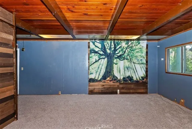 a backyard of a house with large trees and plants
