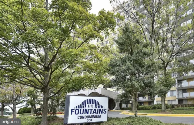 a view of a park that has large trees