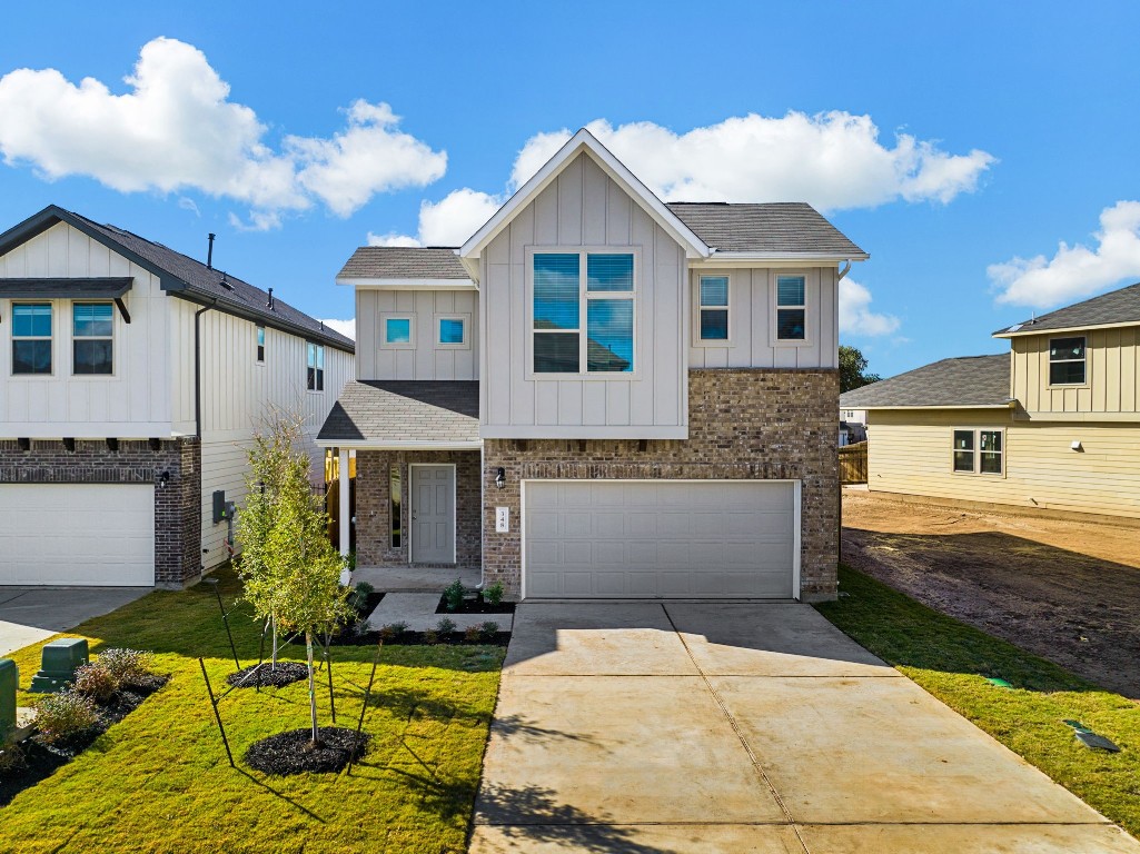 a view of house with swimming pool outdoor seating and house in the background