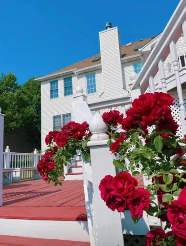 an aerial view of a house with garden space and street view