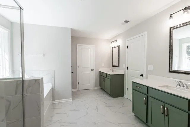 a bathroom with a double vanity sink mirror and shower