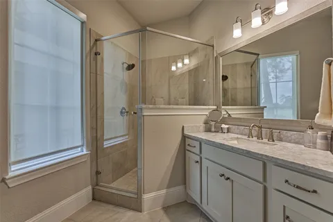 a bathroom with a double vanity sink mirror and shower
