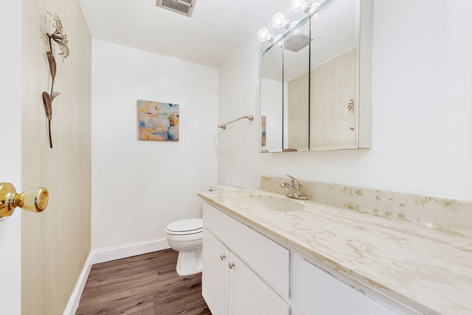 218 East Bailey Road, Unit E Naperville, IL 60565 - Photo 14 of 23 a bathroom with a granite countertop sink a toilet and a mirror