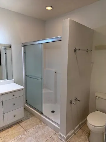 a bathroom with a shower and a toilet