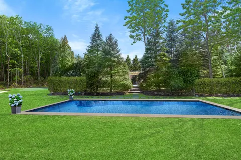 a view of yard with swimming pool and trees in the background