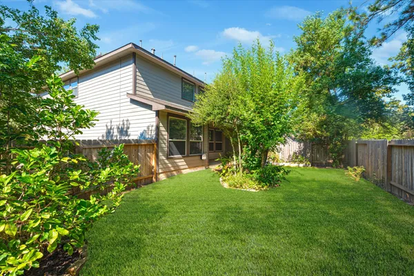 a view of backyard with large trees and wooden fence