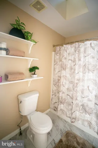 a white toilet sitting next to a shower curtain