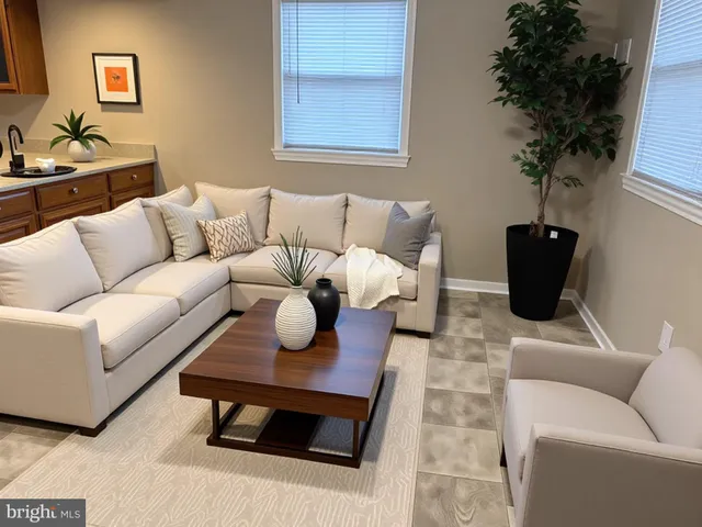a living room with furniture and a potted plant