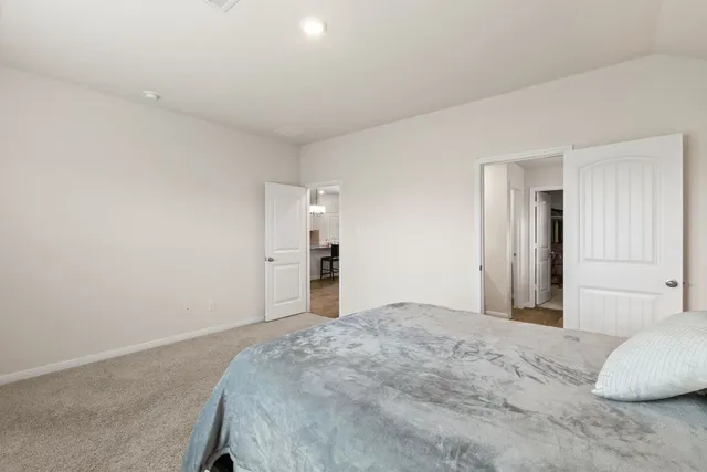 a bedroom with a bed and closet