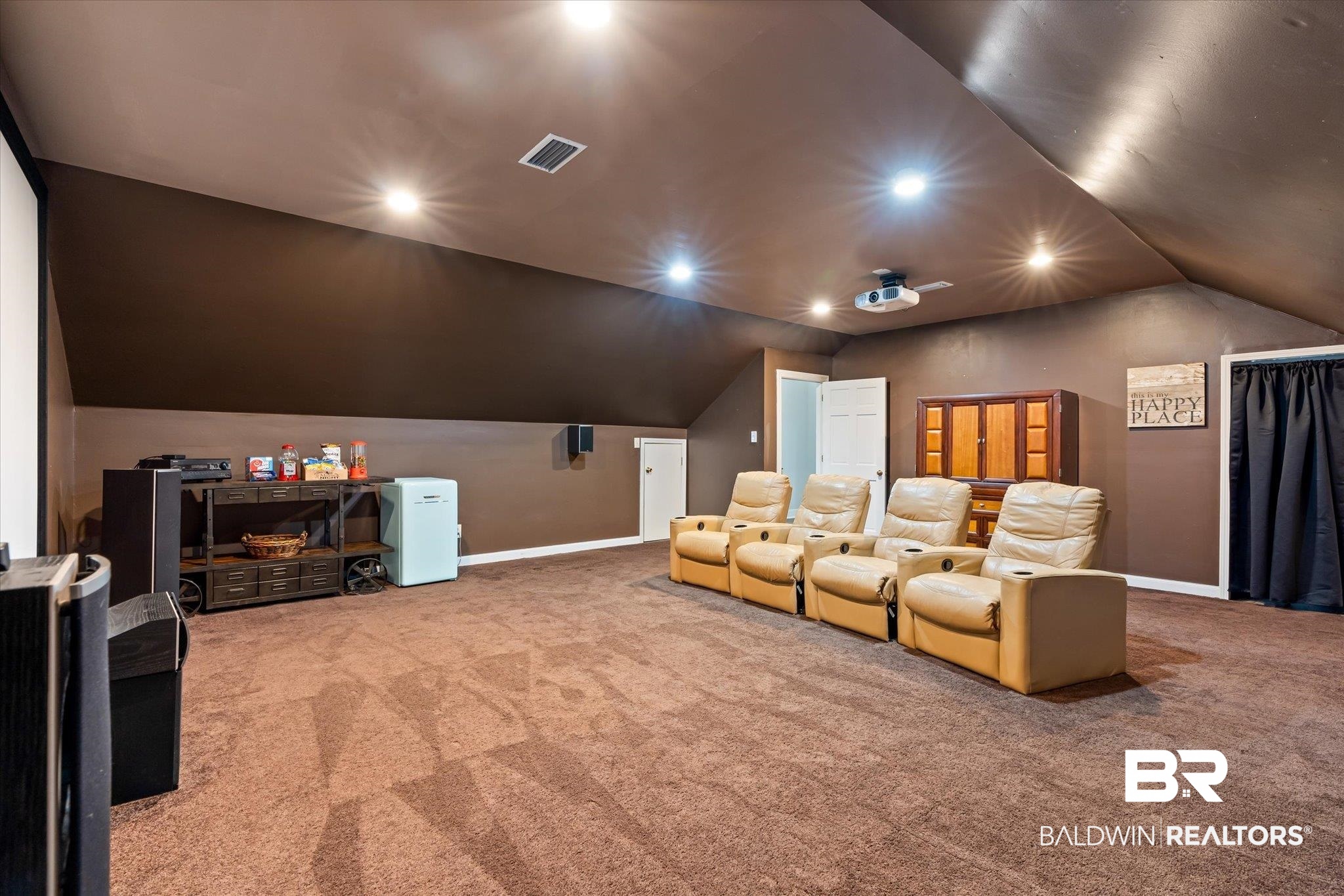 5324 Oak Bend Court Mobile, AL 36609 - Photo 34 of 49 Carpeted home theater with baseboards, lofted ceiling, visible vents, and recessed lighting