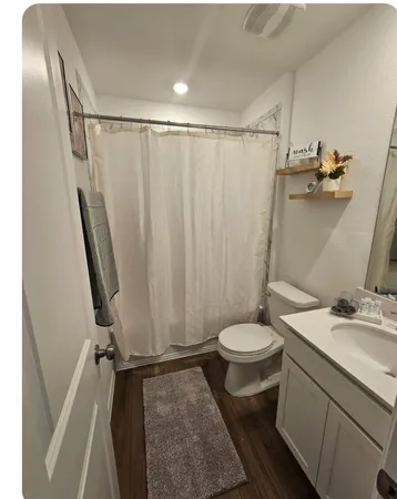 a bathroom with a sink a toilet a mirror and shower curtain