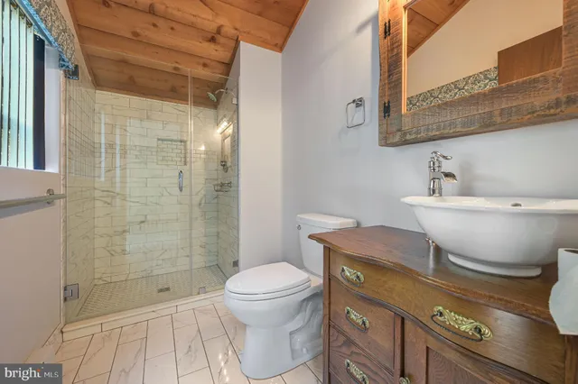 a bathroom with a sink a toilet a mirror and shower