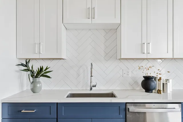 a kitchen with a potted plant on the counter and cabinets