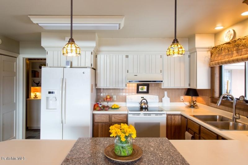 83 Sky Farm Road Copake, NY 12516 - Photo 13 of 38 a kitchen with stainless steel appliances granite countertop a refrigerator a sink dishwasher and white cabinets with wooden floor