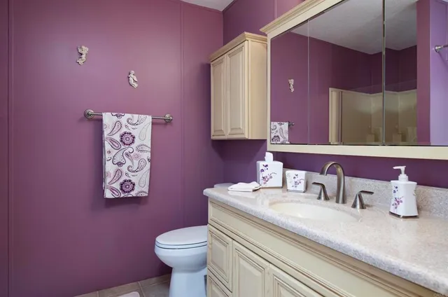a bathroom with a sink mirror and toilet