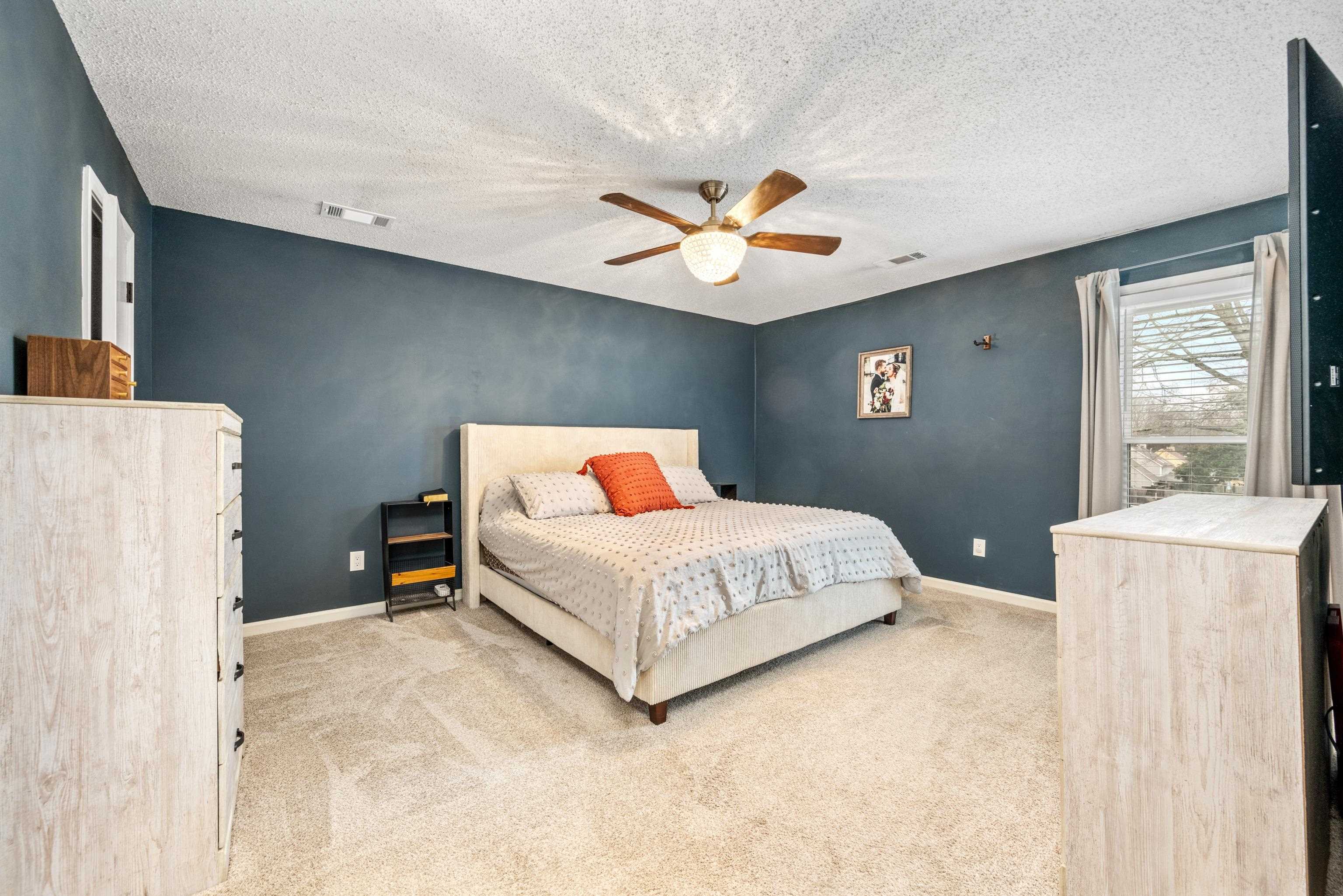 608 King Ridge Cove Collierville, TN 38017 - Photo 13 of 32 Bedroom with light colored carpet, a ceiling fan, and smooth ceilings