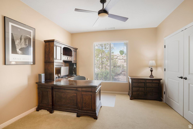 1587 Whitestone Drive St. George, UT 84790 - Photo 18 of 36 Carpeted room with a ceiling fan, recessed lighting, and a window with horizontal blinds