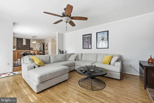 a living room with furniture or couch and a ceiling fan