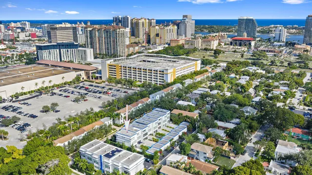 a city view with tall buildings