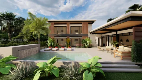 a view of a house with backyard sitting area and swimming pool