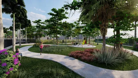 a view of a garden with a fountain