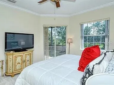 a bedroom with a bed and a television