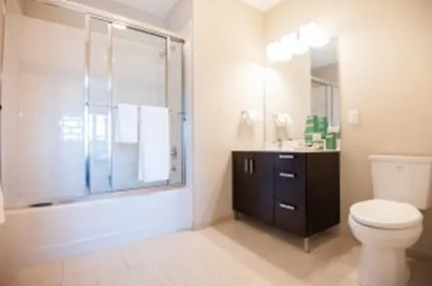 a bathroom with a granite countertop sink toilet and mirror